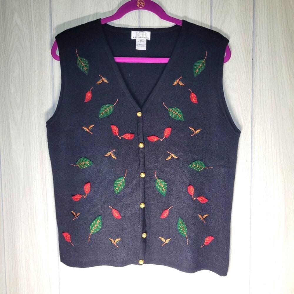 Vintage 90s Y2K Fall Embroidered Leaf Vest Black KB Collections Size XL